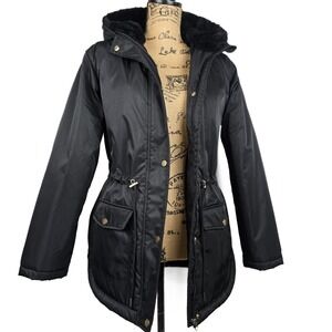 Vine & Valley Black Faux Fur Hooded Parka Jacket Cinched Waist Small